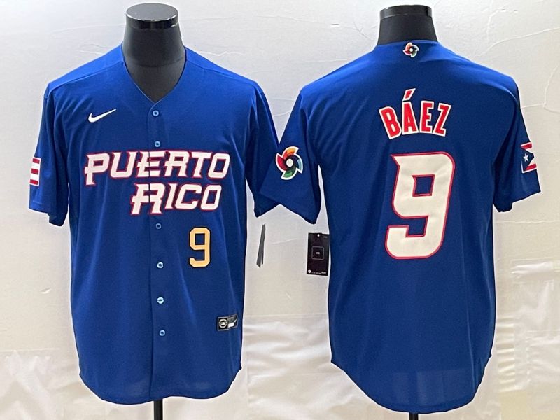 Men 2023 World Cub Puerto Rico 9 Baez Blue Nike MLB Jersey8
